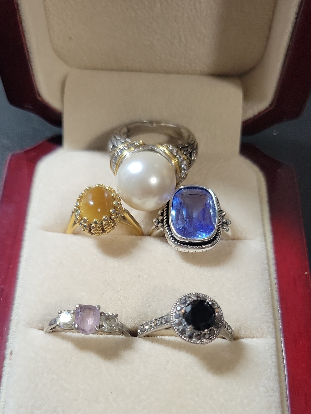 Multi-Stone Women's Ring Set with Blue, Pearl, Black Accents